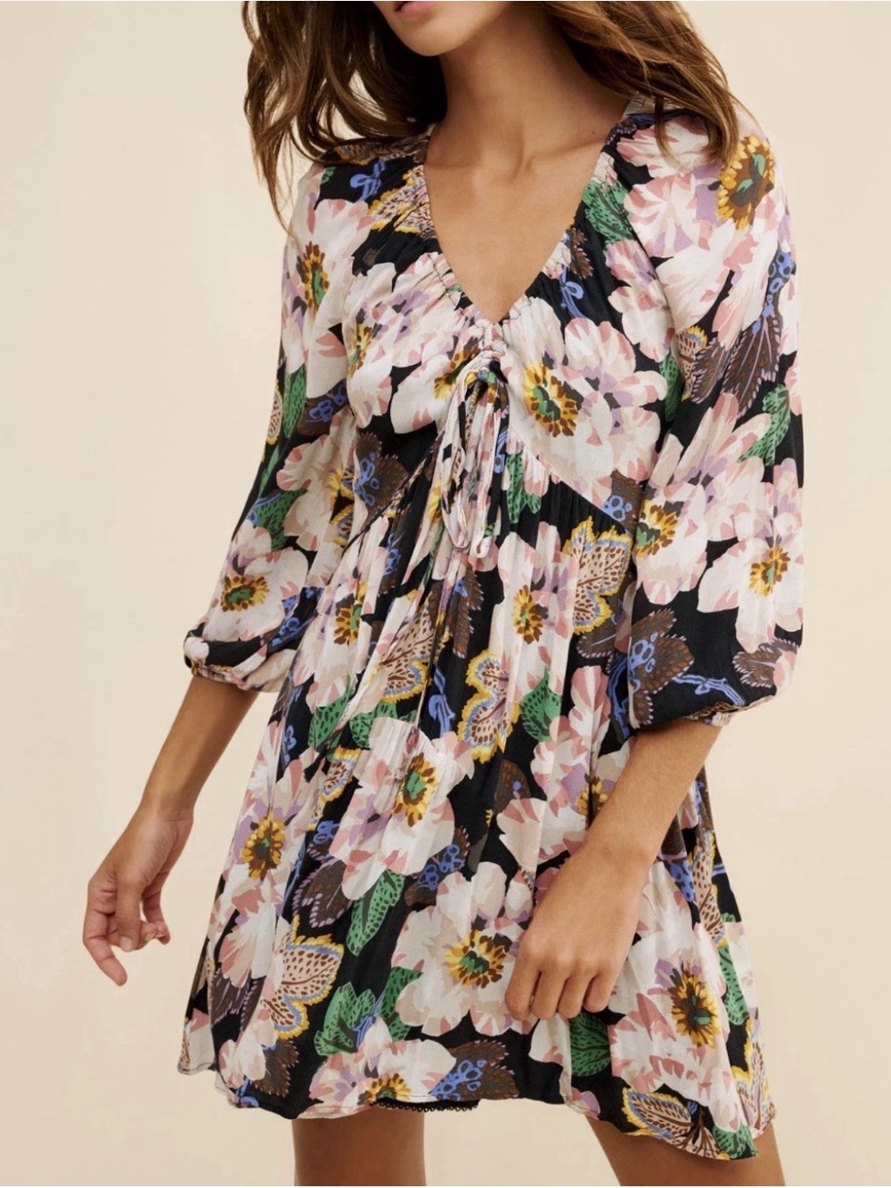 Anthropologie Black Floral Tie-Front Babydoll Mini Dress #1377